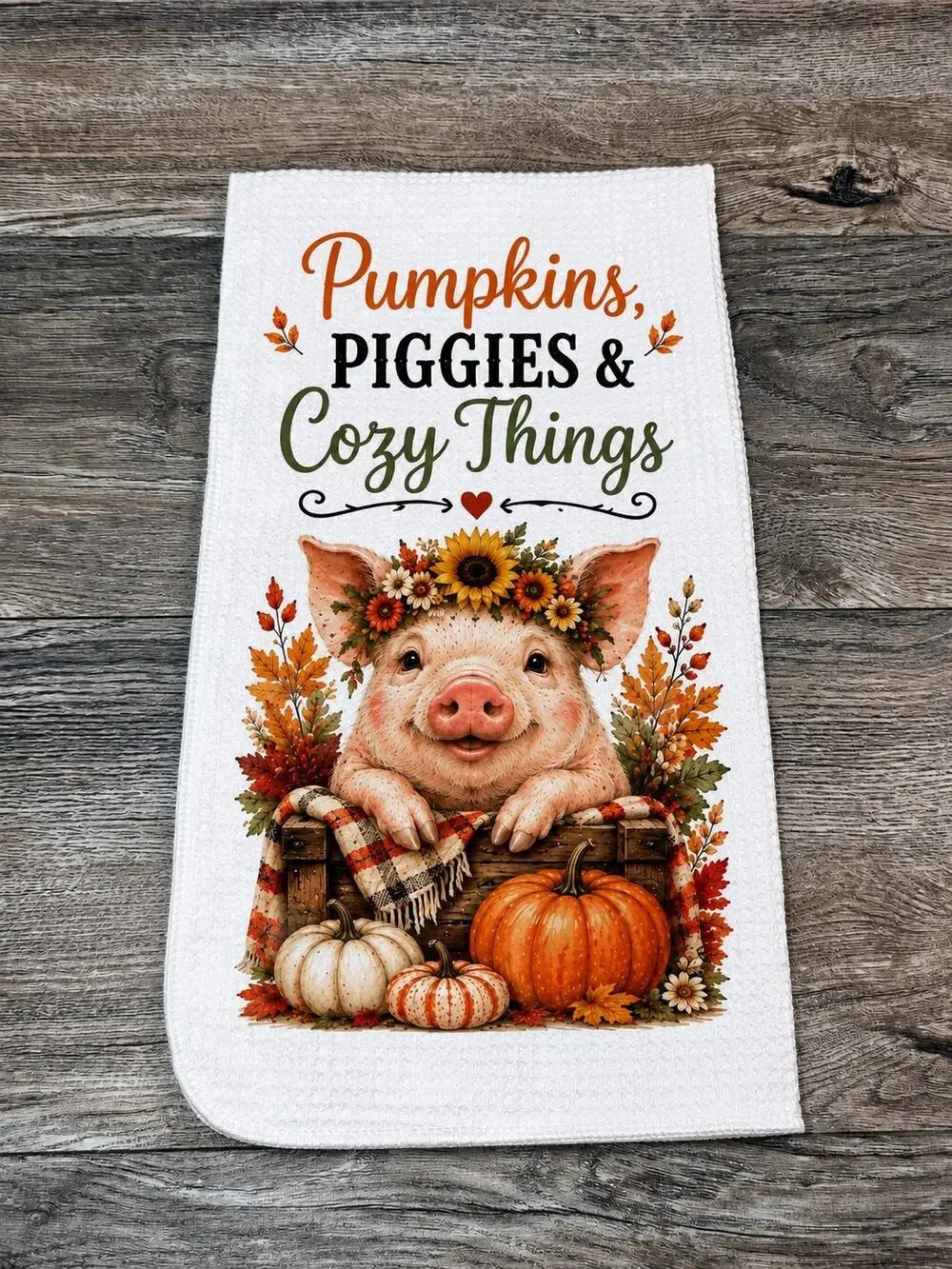 Fall Pig Kitchen Towel Pumpkins Piggies & Cozy Things Farmhouse Autumn Decor